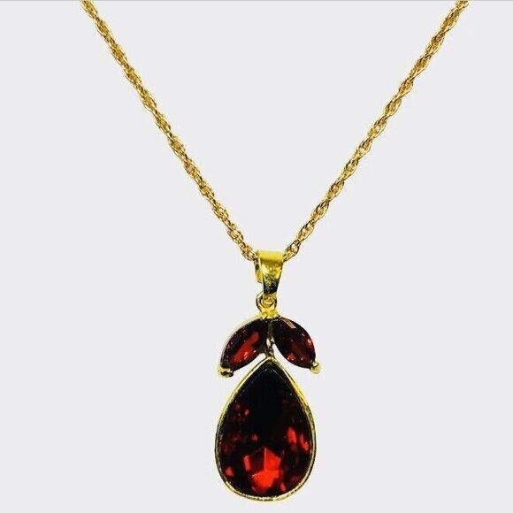Vintage Red Rhinestone Pear Pendant Necklace 24" Gold Tone - Picture 10 of 16